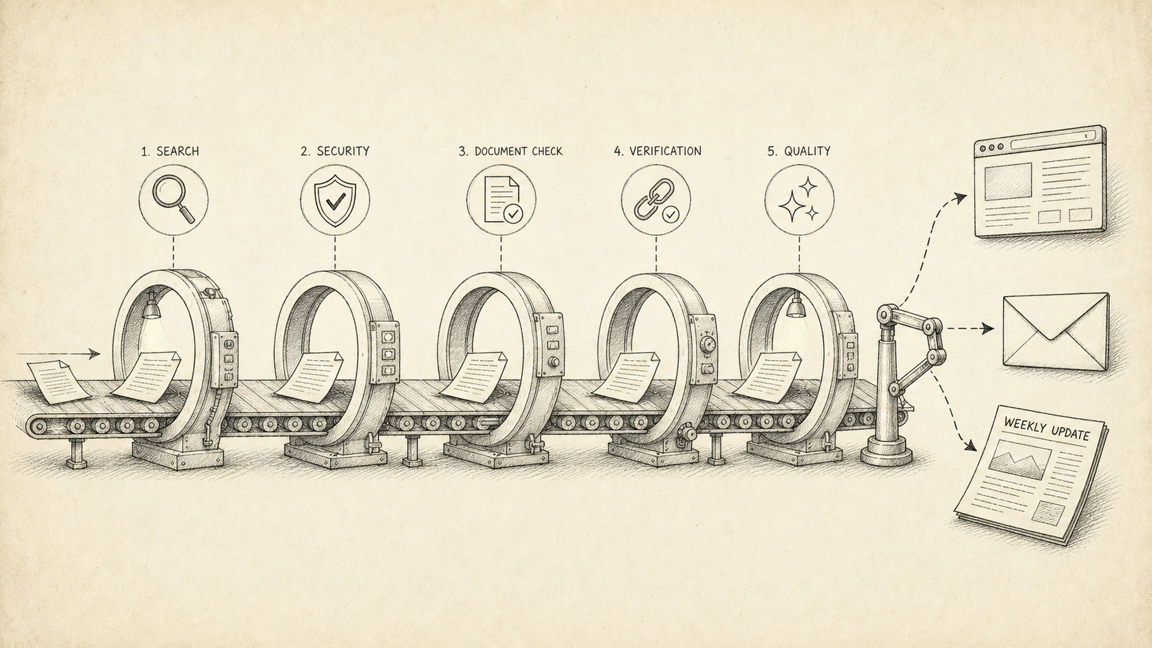 An ink-on-cream publishing pipeline carries one manuscript through five approval checkpoints before a human-controlled release to web, newsletter, and syndication channels.