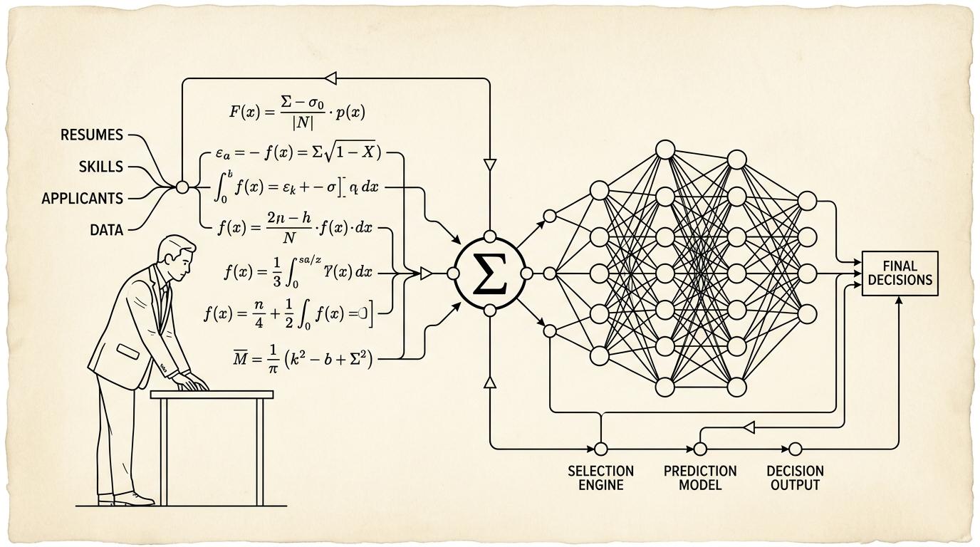 A clean systems diagram highlighting constraint signals, charts, and decision cards for AI hiring.