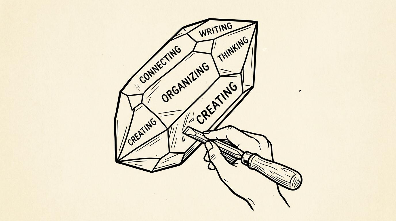 Layered note cards and a connected graph illustrate skill-first knowledge systems.
