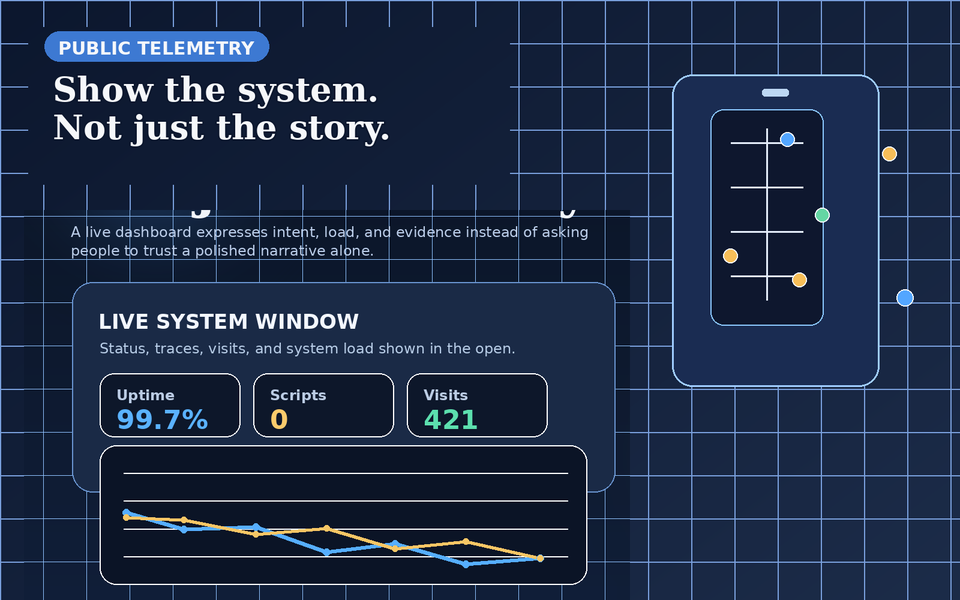 A public telemetry dashboard and mobile system view showing live status, traces, and visits.