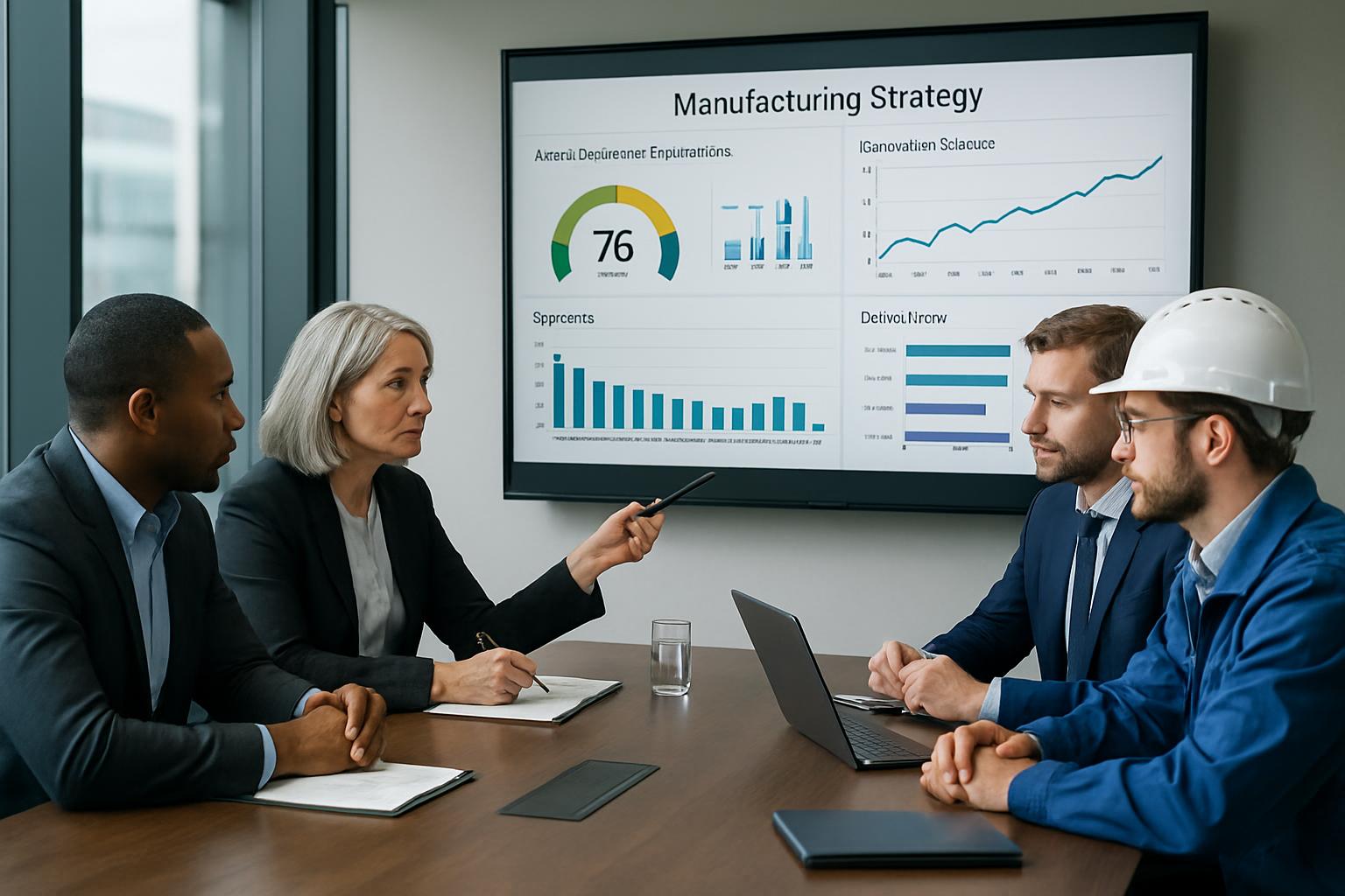 Leadership team reviewing manufacturing strategy dashboards
