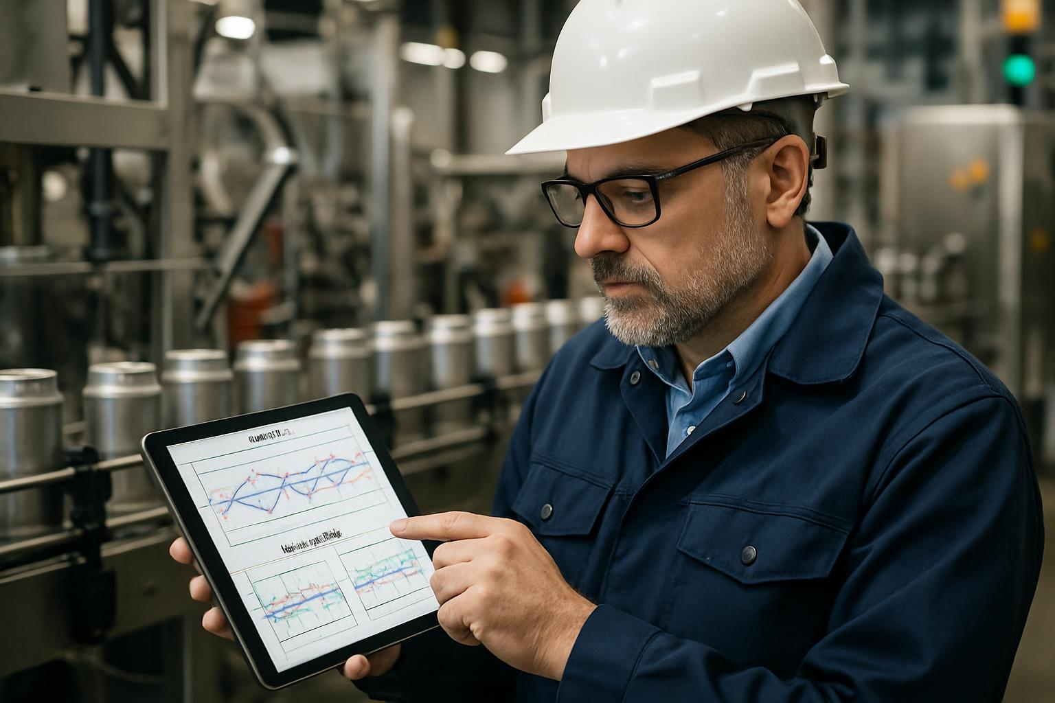 Quality engineer validating process control charts on production line