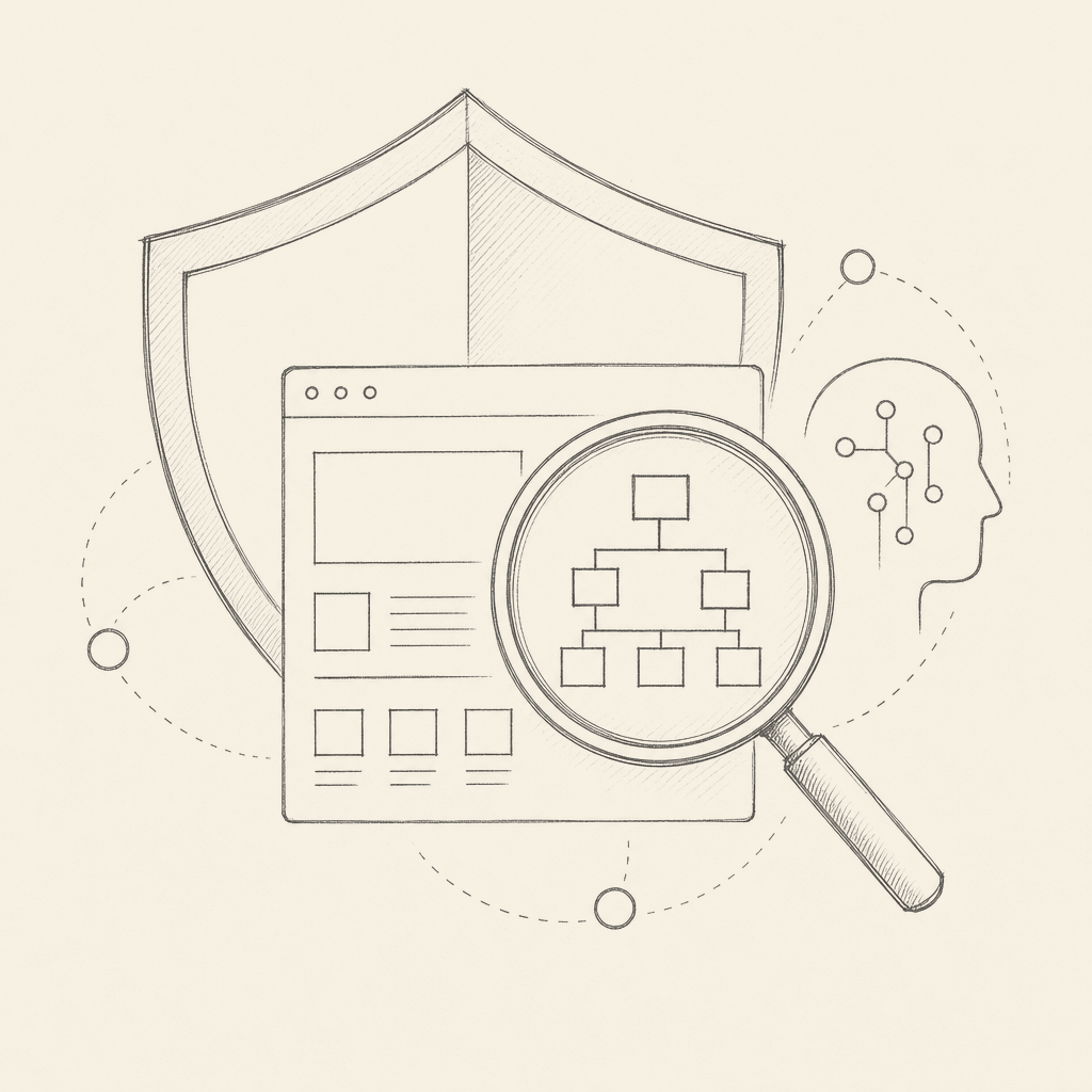 Bold minimalist ink-on-cream illustration of AI security audit: a shield with a magnifying glass over a simple website diagram